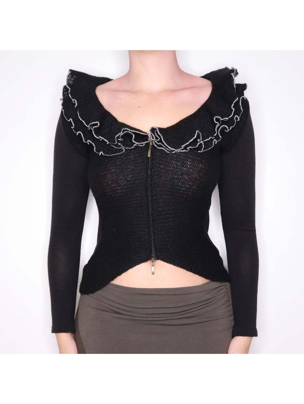 90s Black Mohair Blend Ruffle Zip Up Sweater (S/M)